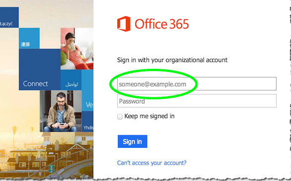Janela de login e instalação do MS Office 365
