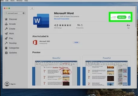 Janela de instalação do Microsoft Word na App Store do Mac