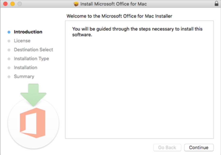 Janela de instalação do Microsoft Office no Mac