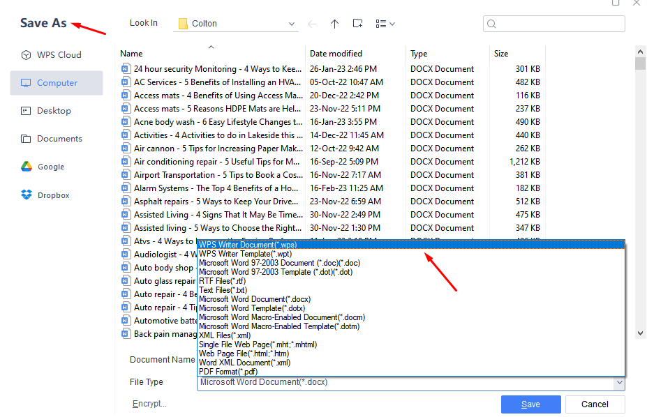Salvar documentos como arquivo do WPS