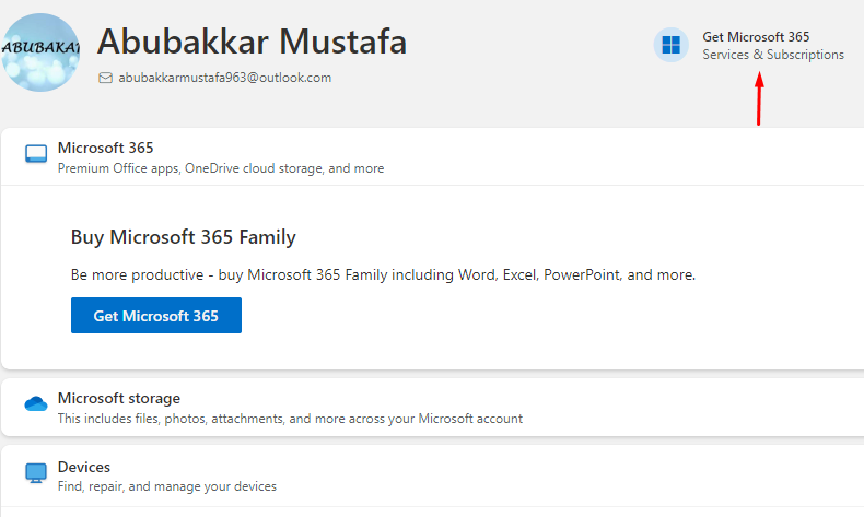 Janela de conta do Microsoft Office com serviços e assinaturas