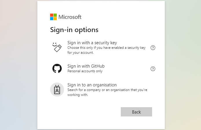 Janela de opções de login do Microsoft Office 365