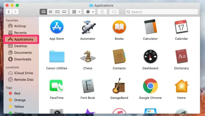 Finder window showing the Applications folder on Mac