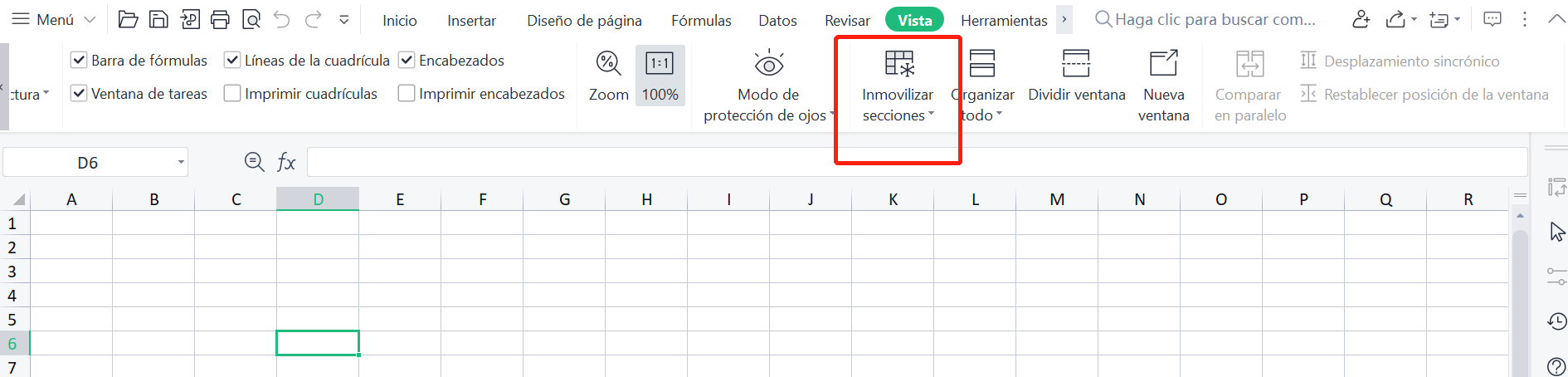 Vista de Excel Inmovilizar secciones