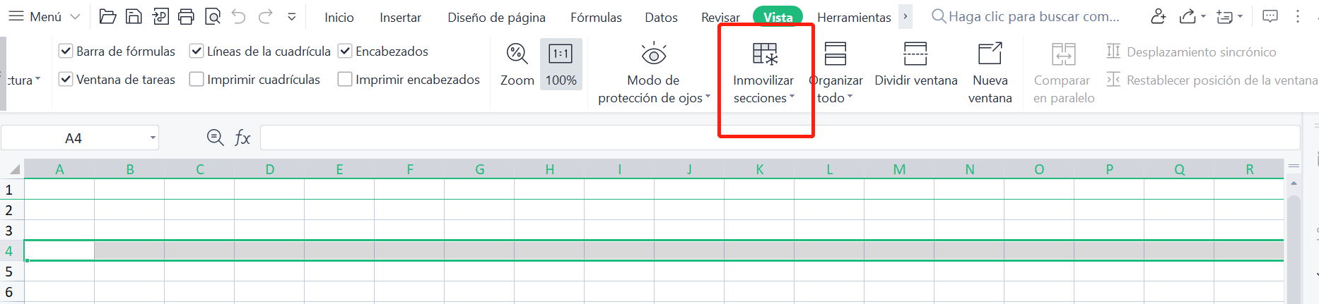 Vista de Excel Inmovilizar secciones