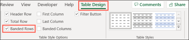 Excel table design tab