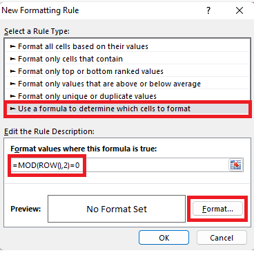 Excel new formatting rule dialog box