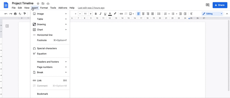 Insert menu with Drawing option in Google Docs