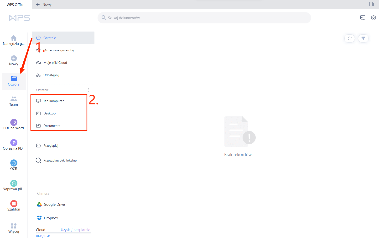otwieranie dokumentów Word/Excel/PowerPoint za pomocą WPS