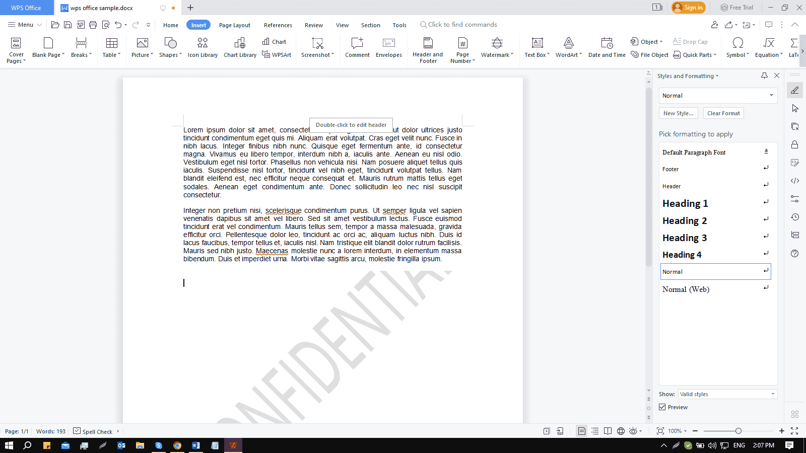 header section wps office