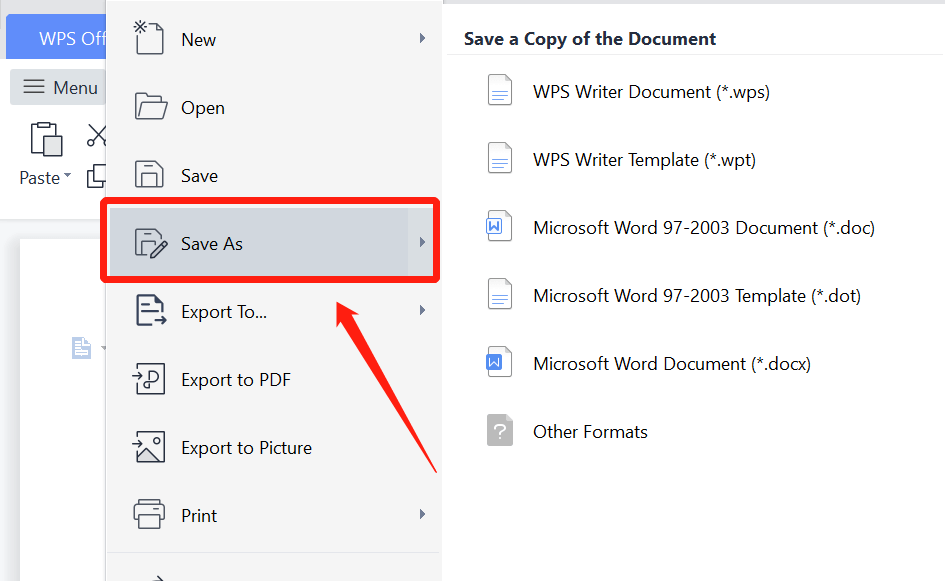 คุณลักษณะการบันทึกเป็นรูปแบบของ WPS Office