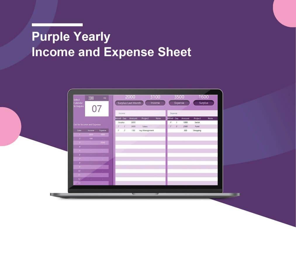 Purple Yearly Income and Expense Sheet