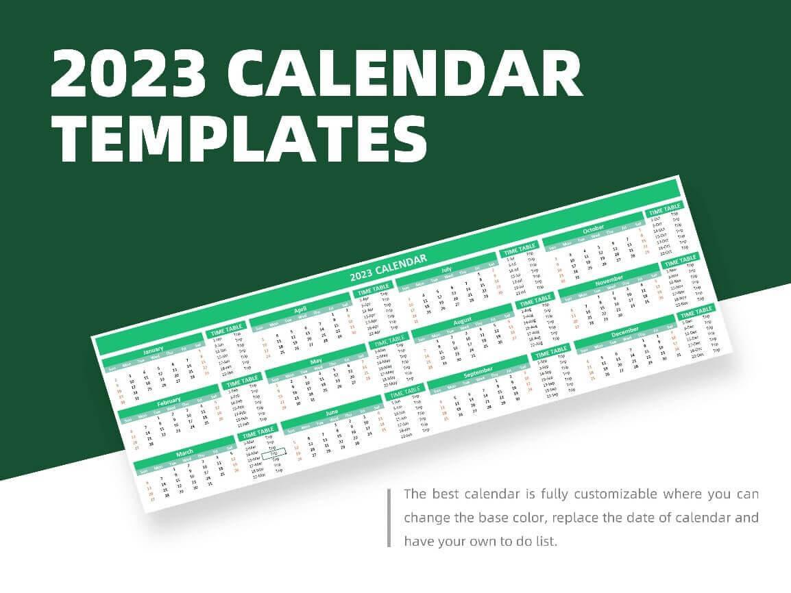 2023 Green Calendar with Timetable