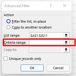 Criteria range field