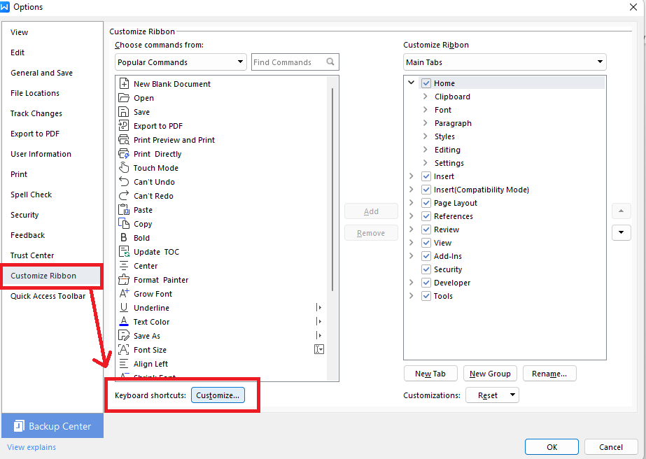 WPS Office customize keyboard shortcuts