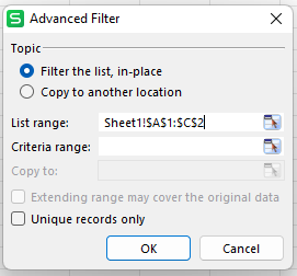 WPS Spreadsheet advanced filter dialog box