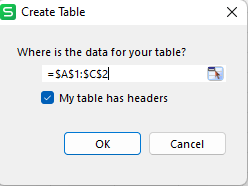 WPS Spreadsheet create Table dialog box