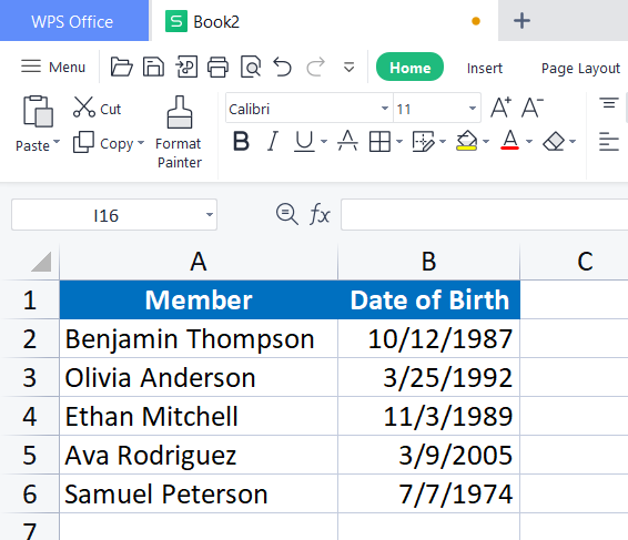 WPS Spreadsheet insert table with date of births