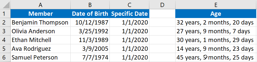 Excel Age calculator on specific date