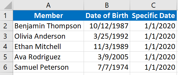 Excel enter specific birth date