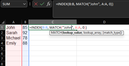 Match Index Formula example