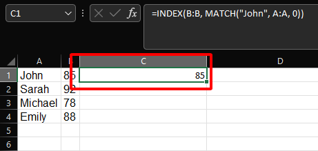 Match Index example result