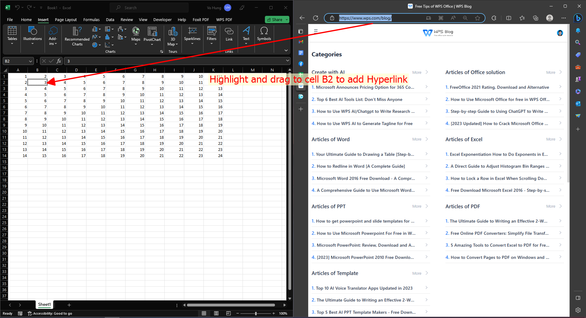 Drag website to cell