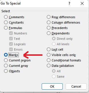 Excel Go To Special dialog box