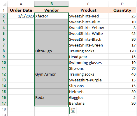 Excel select cells