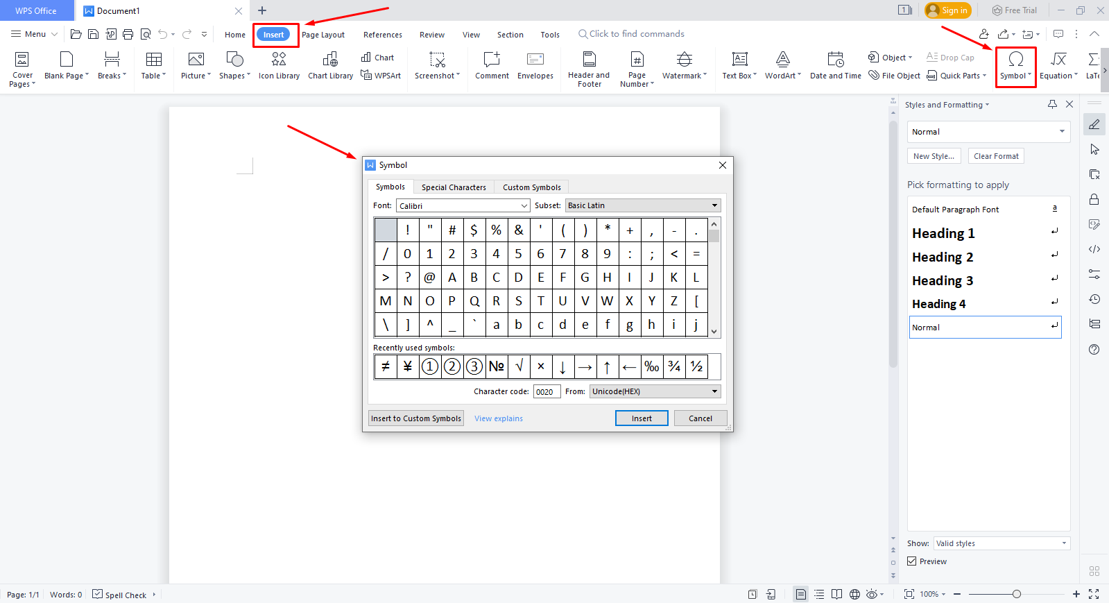symbol in wps writer