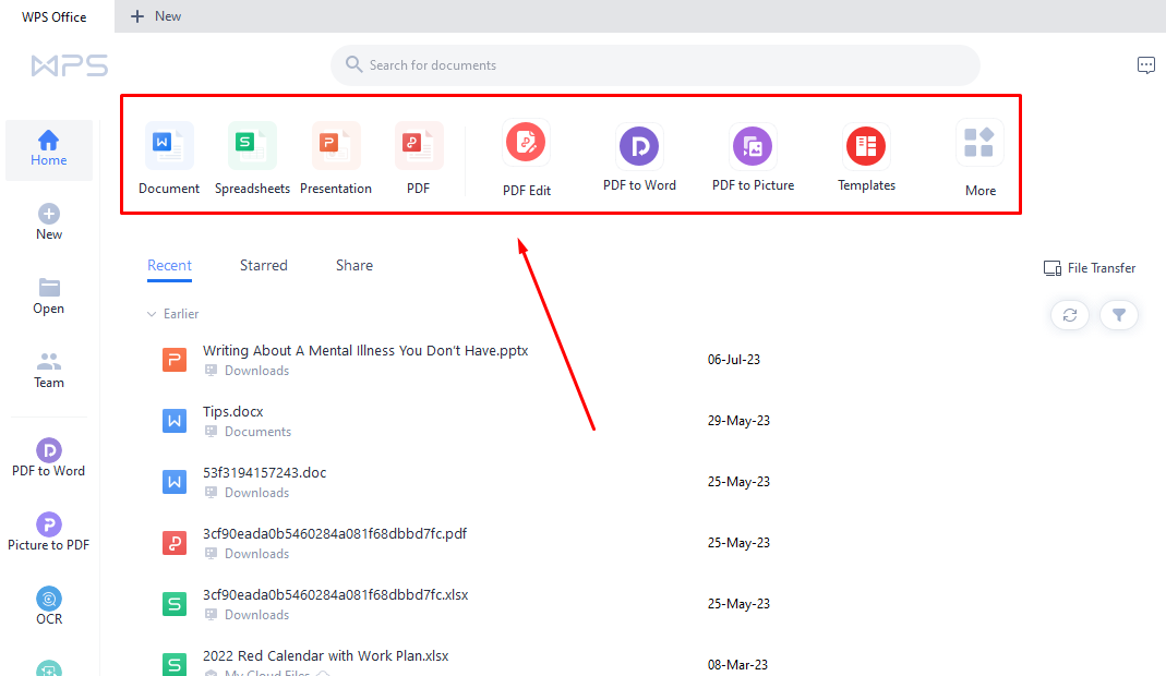 WPS main window on PC