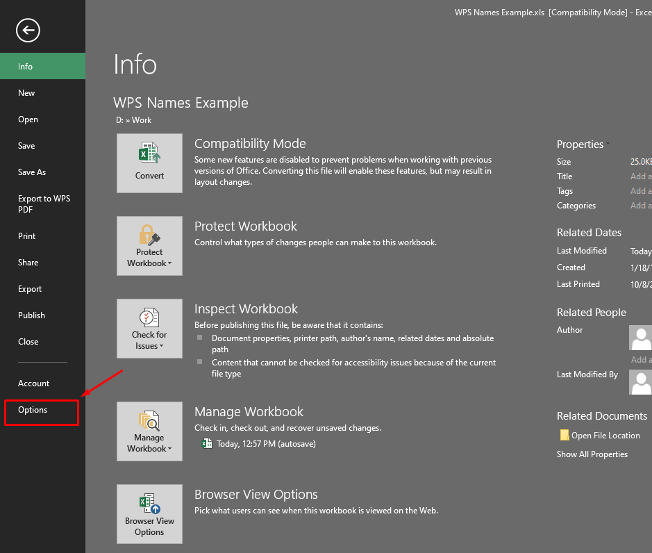 options button in excel