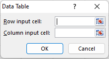Excel data table dialog box