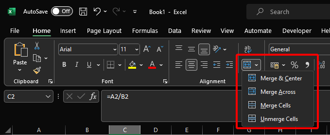 Merge & Center button.