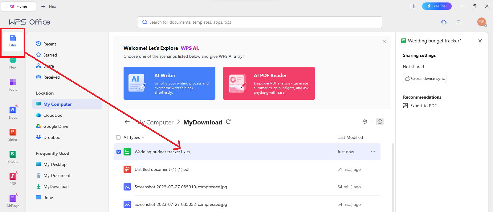 WPS Office open Excel file