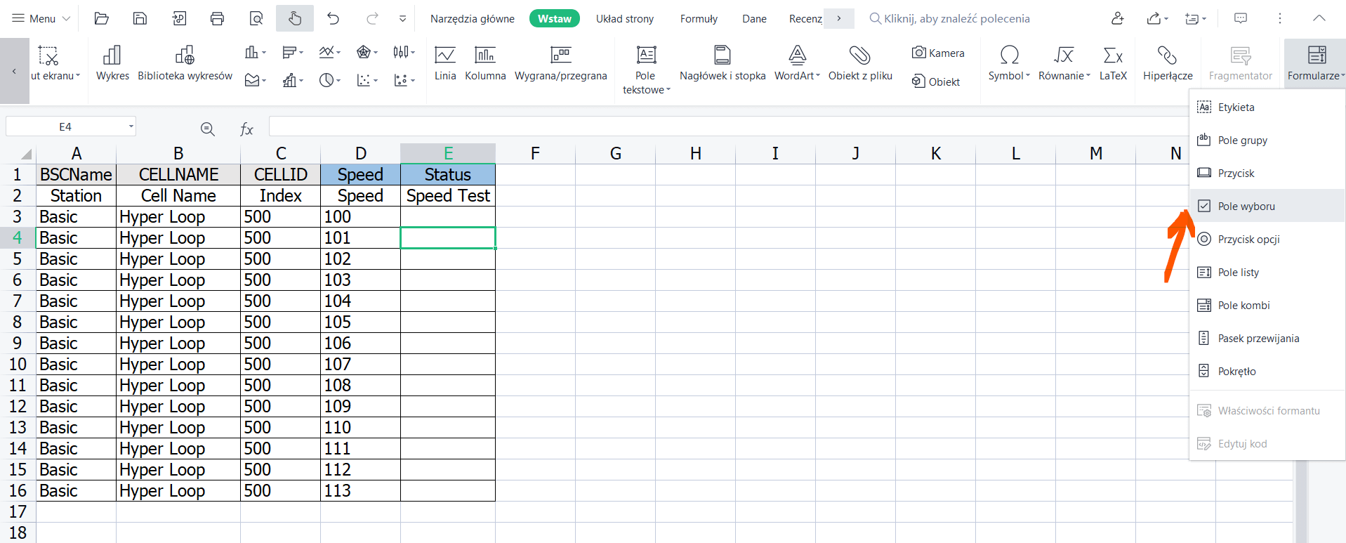 Wstawianie pola wyboru w Excelu WPS Office