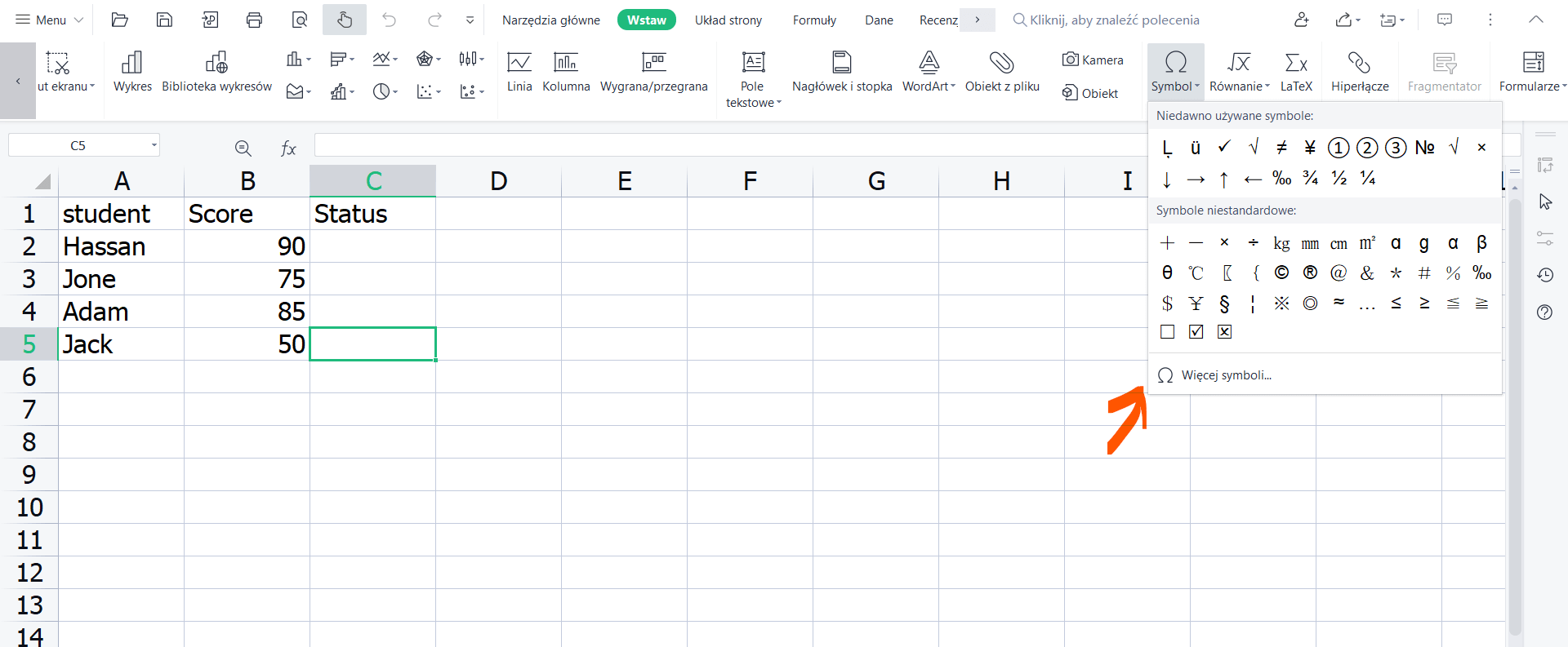 Wstawianie pola wyboru za pomocą znaku zaznaczenia