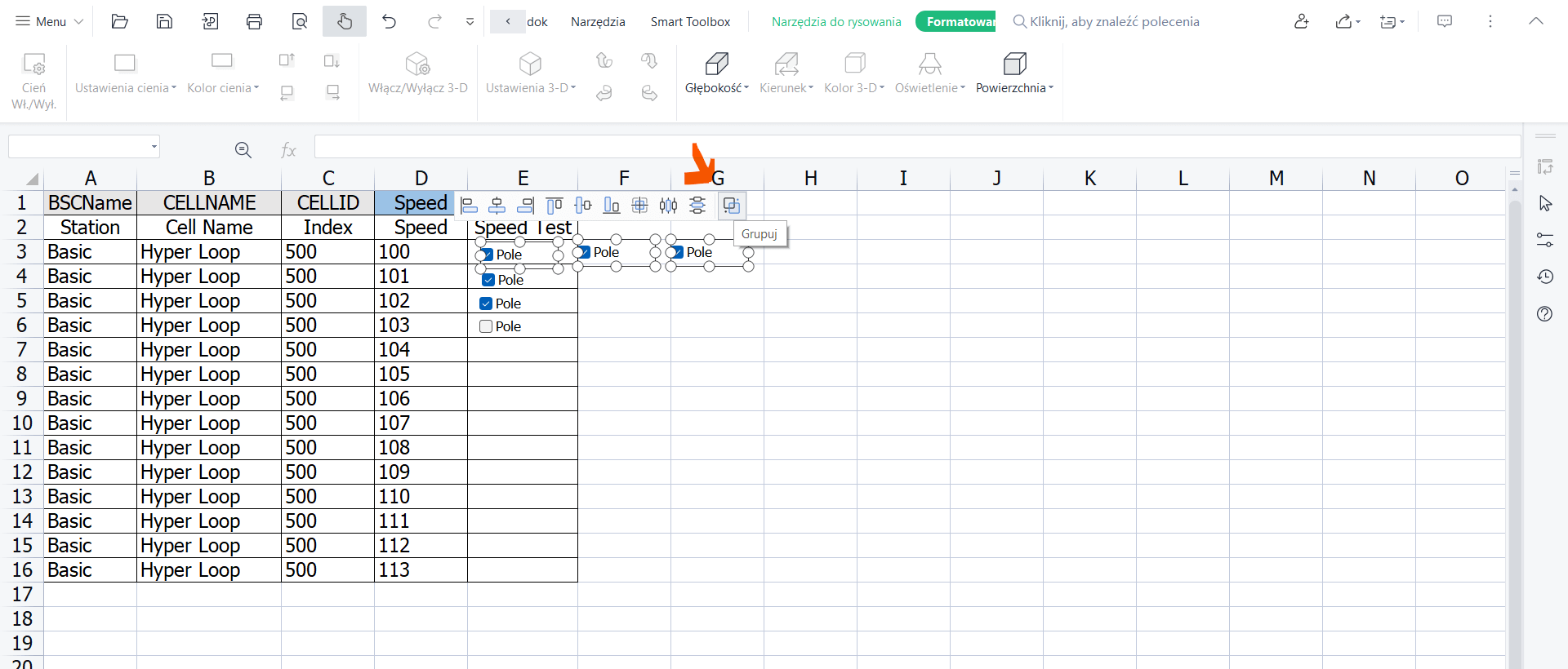 Grupowanie pól wyboru w Excelu