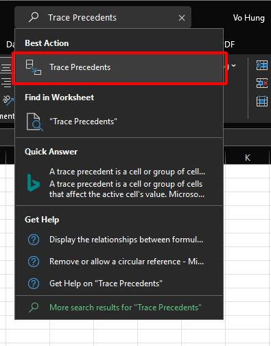 Trace Precedents tool