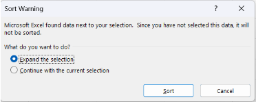 Excel “expand the selection