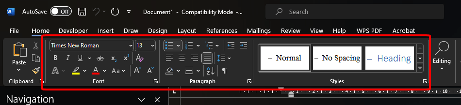 Microsoft Word edit tab