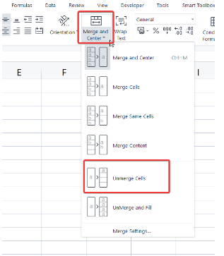merge and center” dropdown menu
