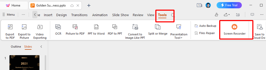 WPS Presentation tool tab