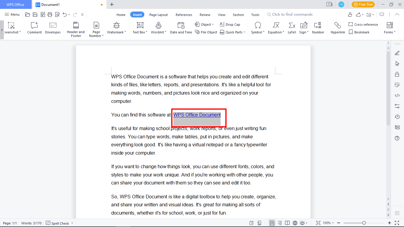 Rectangle around selected hyperlinked text in a WPS document