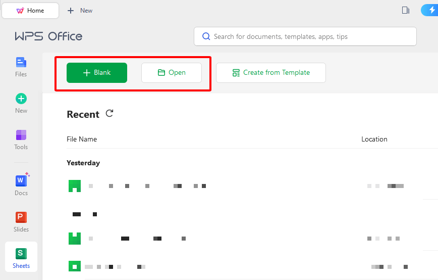 WPS spreadsheet new file