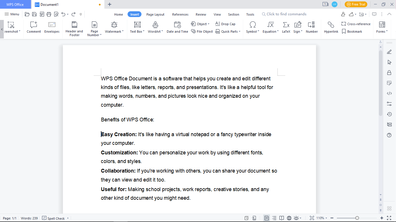 Newly created document in WPS Office on a laptop with text