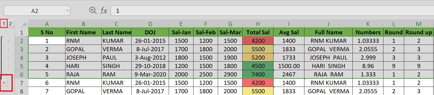 Collapse rows in Excel