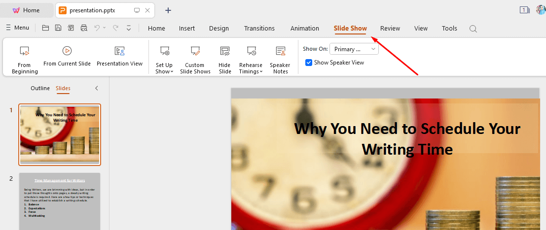 arrow pointing to the slideshow in WPS Office