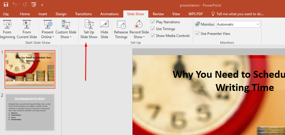 pointing to the setup slide show option