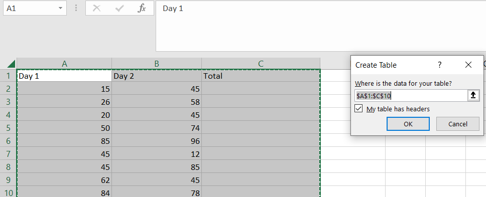 Create Table dialog box